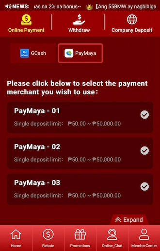 Step 1: In the Deposit section, select the PayMaya method