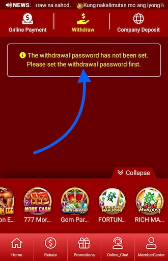 Step 2: Please set a withdrawal password first by clicking on the notification text above